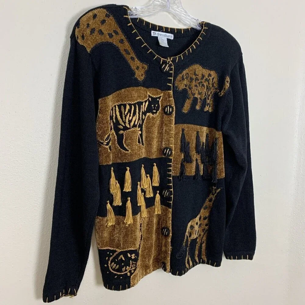 Dressbarn Womens Vintage Cardigan Sweater M Safari Jungle Animal Tassel 90s 80s